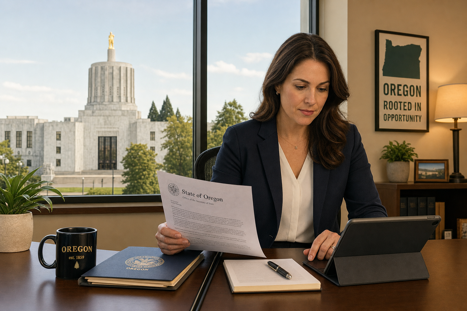 Business professional reviewing Oregon state documents in a modern workspace with the state capitol visible through the window