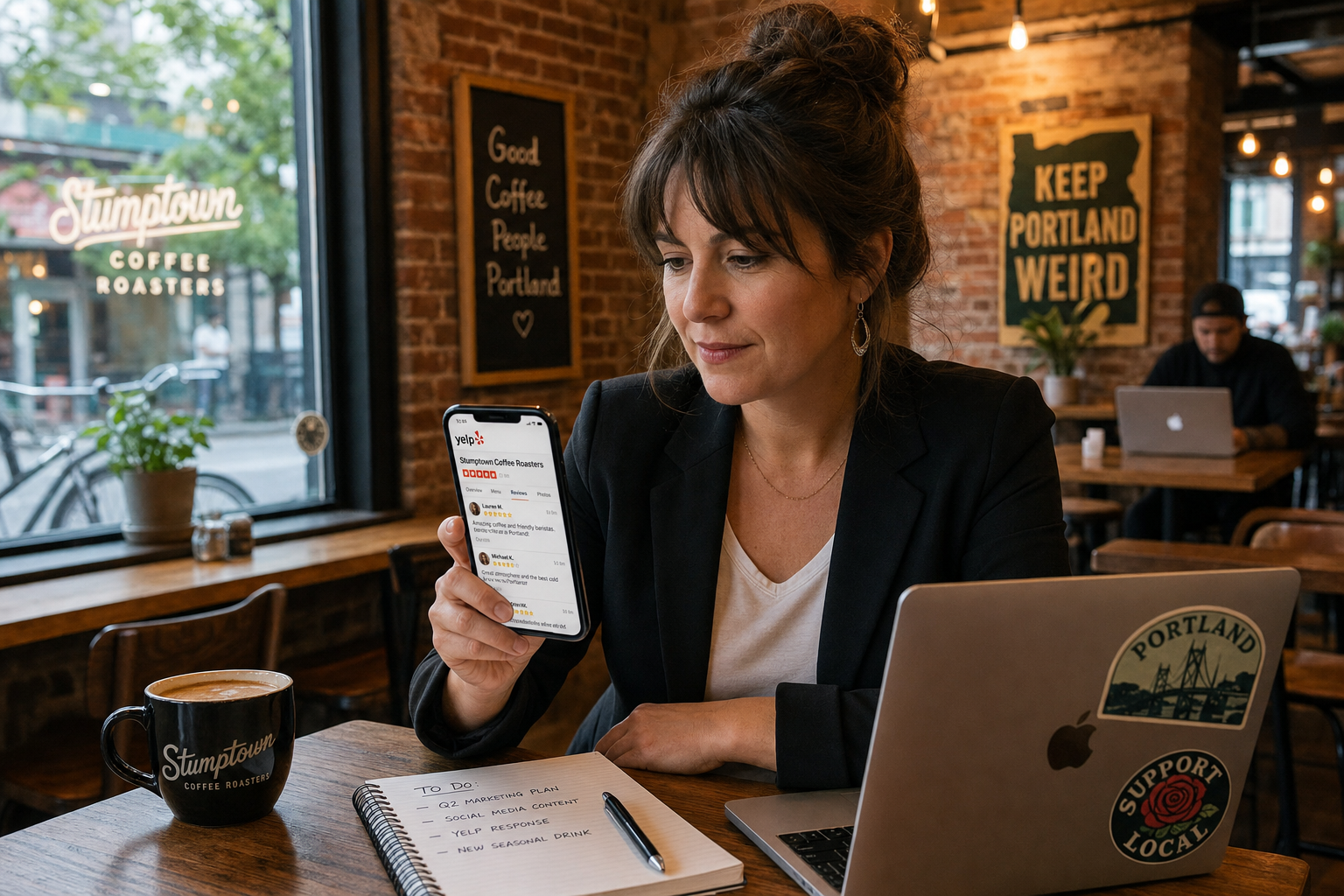 Business owner reviewing Yelp listings on a smartphone inside a cozy Portland coffee shop with exposed brick walls