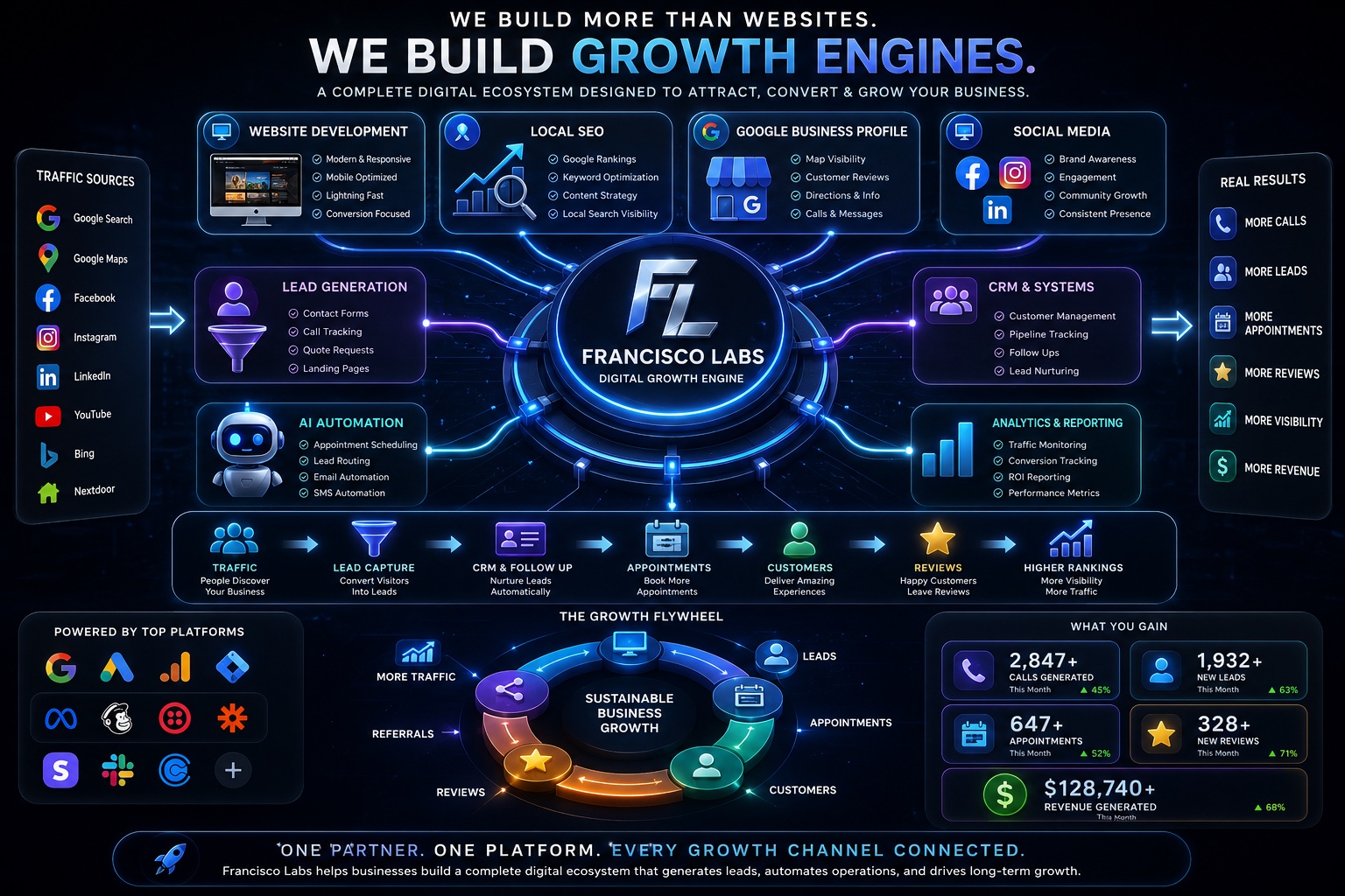Francisco Labs Digital Growth Ecosystem — showing website development, local SEO, Google Business Profile, lead generation, CRM, AI automation, analytics, and social media connected to a central growth engine